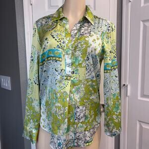 Joie Women’s Patchwork Floral Button Down Blouse – Green Blue Print (Small)